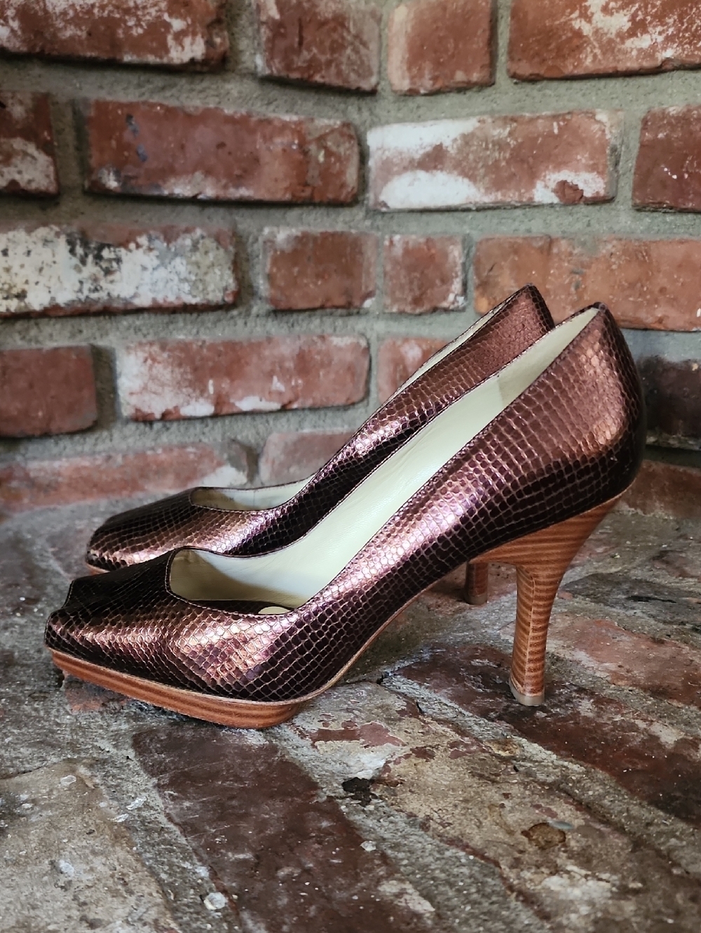 Via Spiga Copper Metallic Snakeskin Embossed Peep Toe Pumps